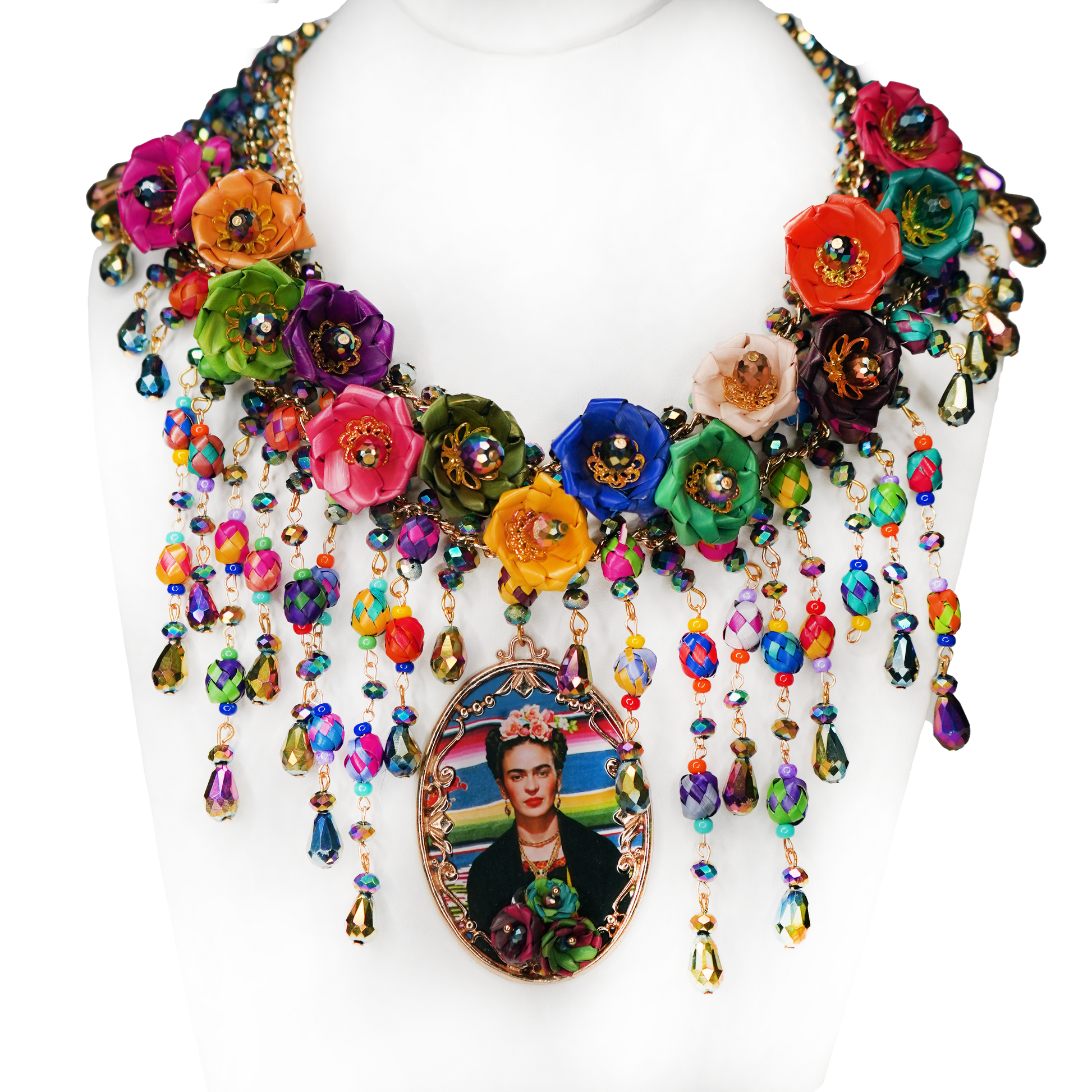 "Natalia"Woven Flower Mexican Necklace with Frida Pendant