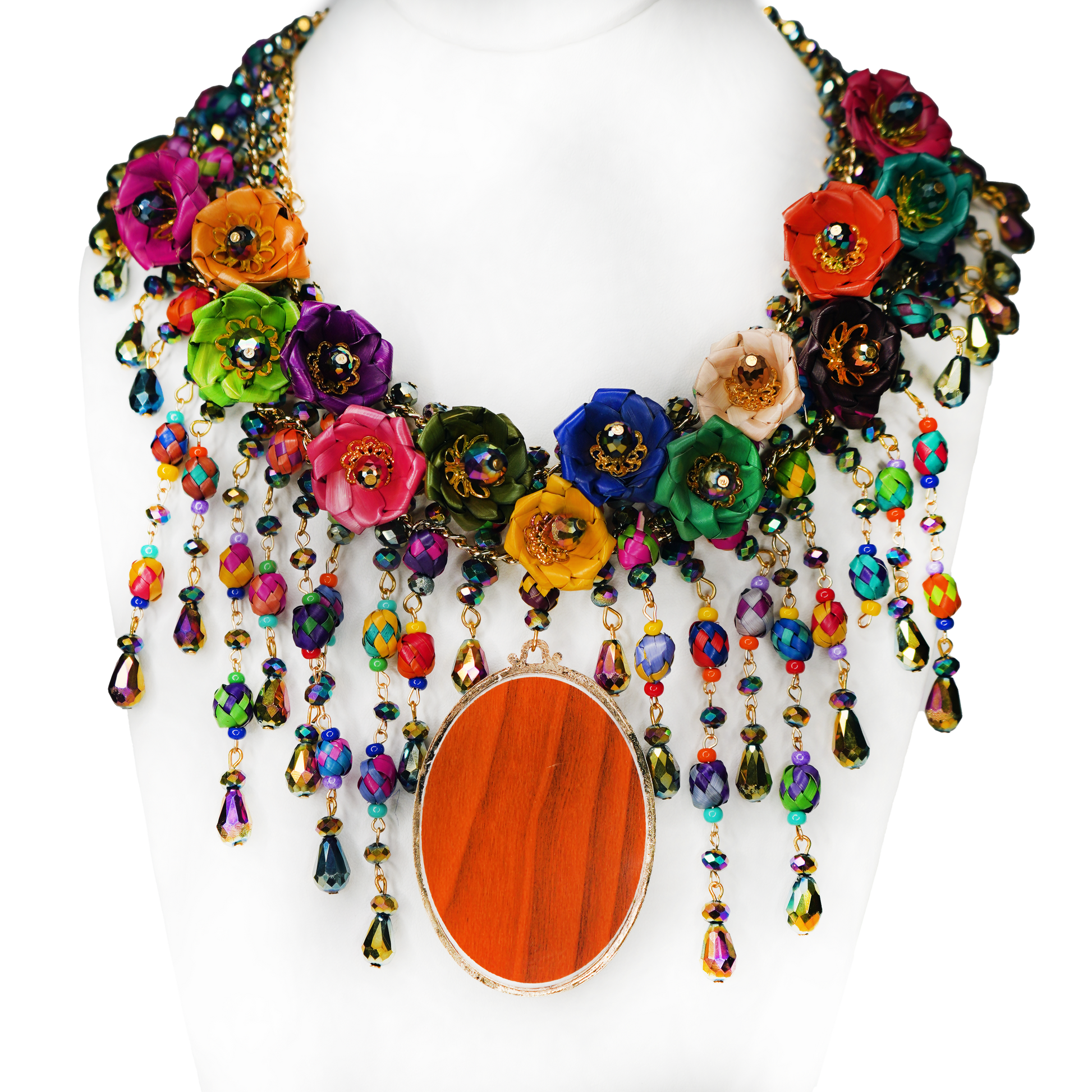 "Natalia"Woven Flower Mexican Necklace with Frida Pendant