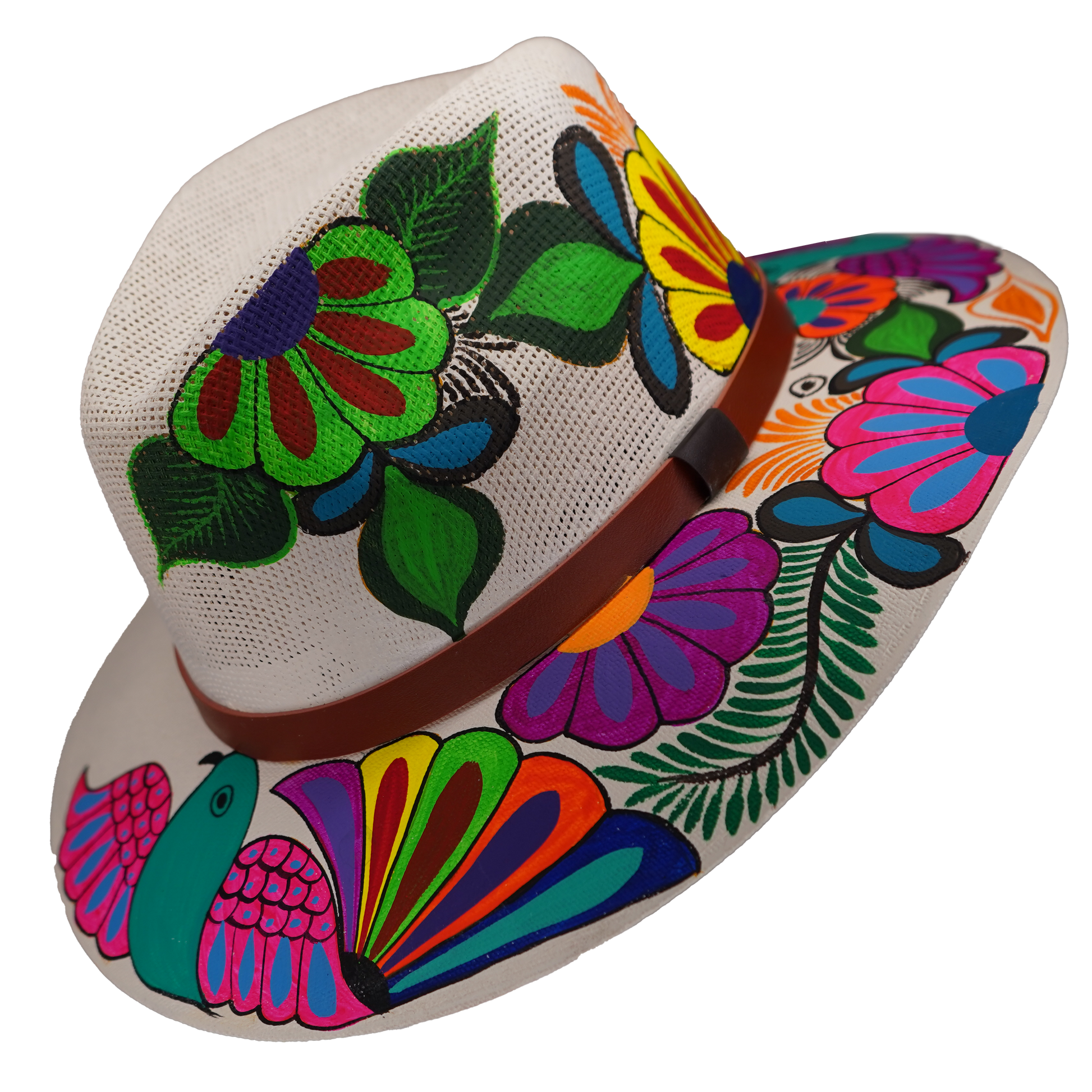 Hand-painted Cream Fedora with Floral Bird