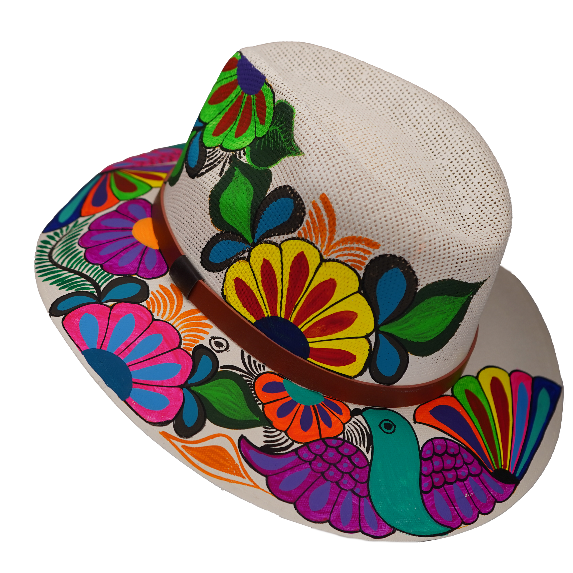 Hand-painted Cream Fedora with Floral Bird