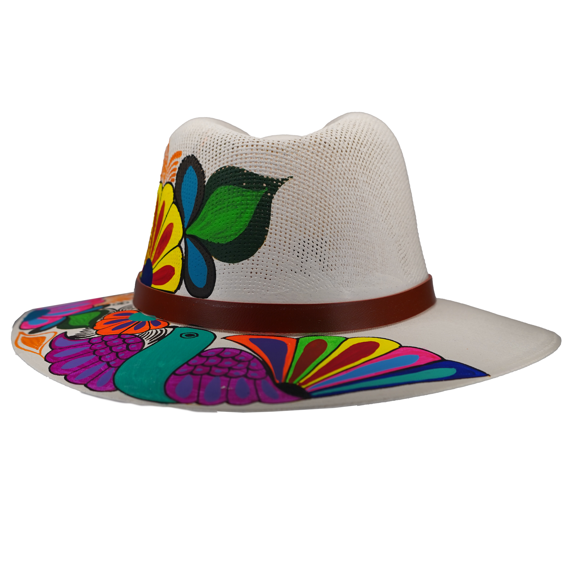 Hand-painted Cream Fedora with Floral Bird
