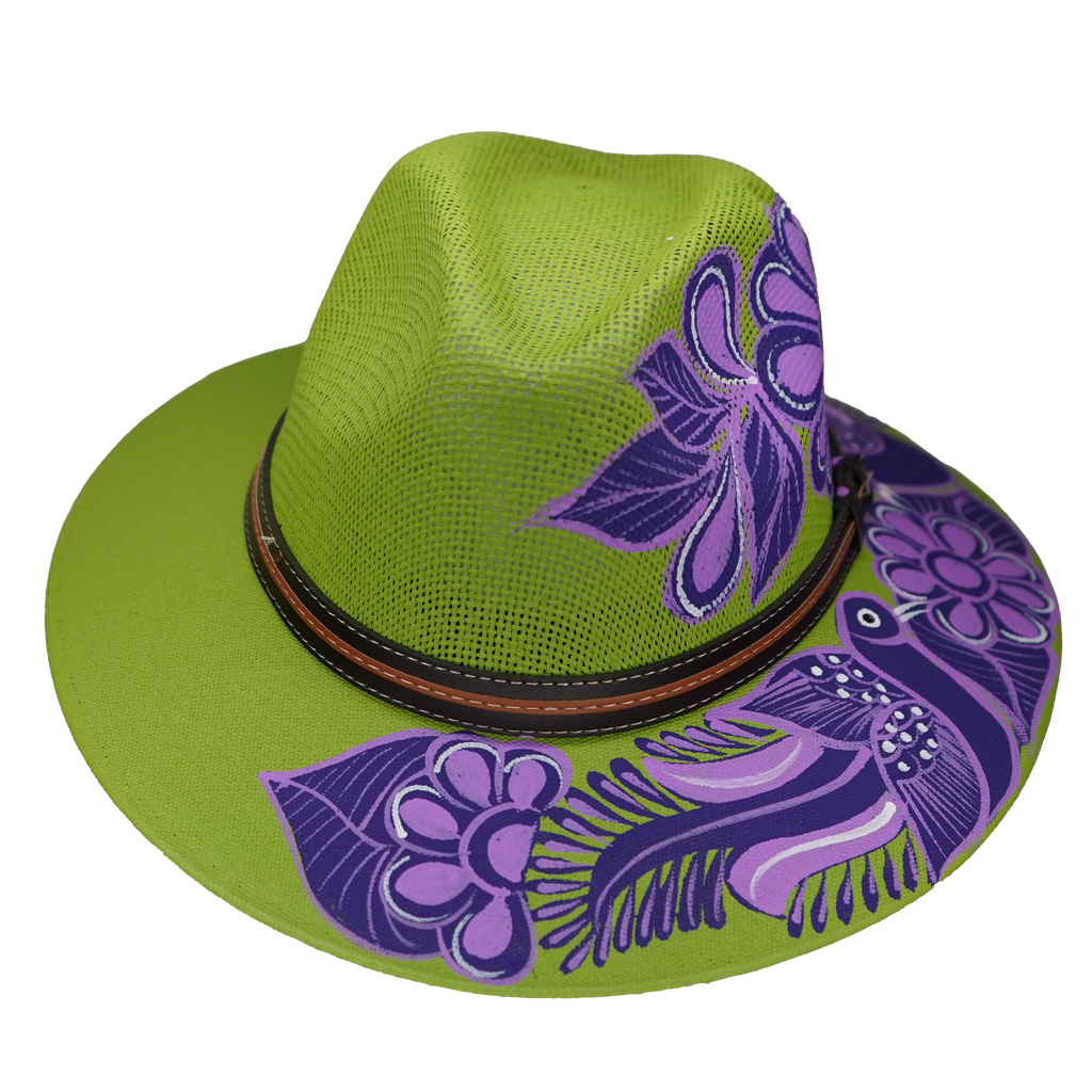 Hand-painted Lime Green Fedora with Purple Flowers