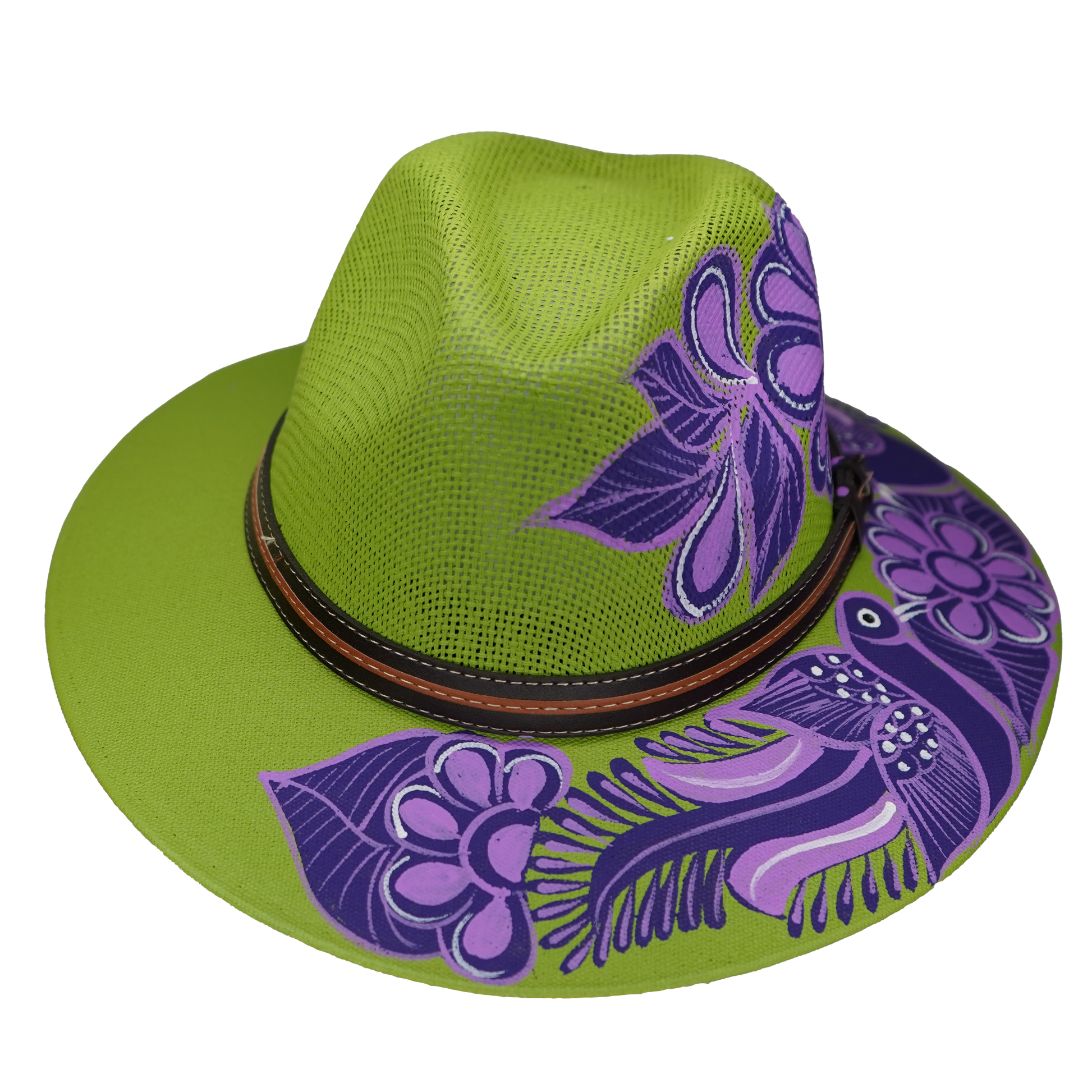 Hand-painted Lime Green Fedora with Purple Flowers