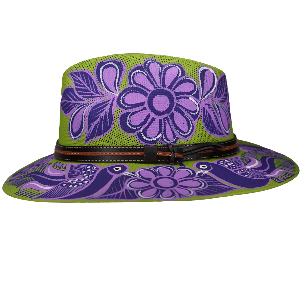 Hand-painted Lime Green Fedora with Purple Flowers