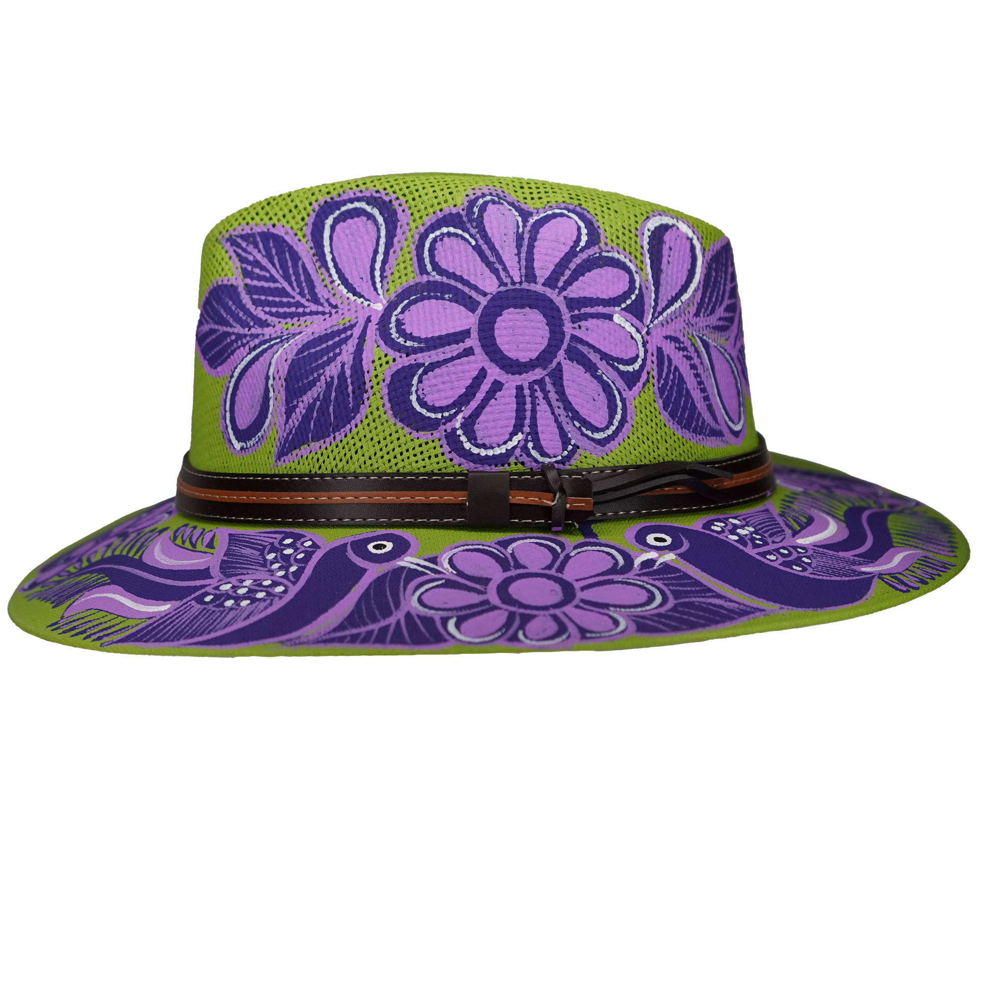 Hand-painted Lime Green Fedora with Purple Flowers