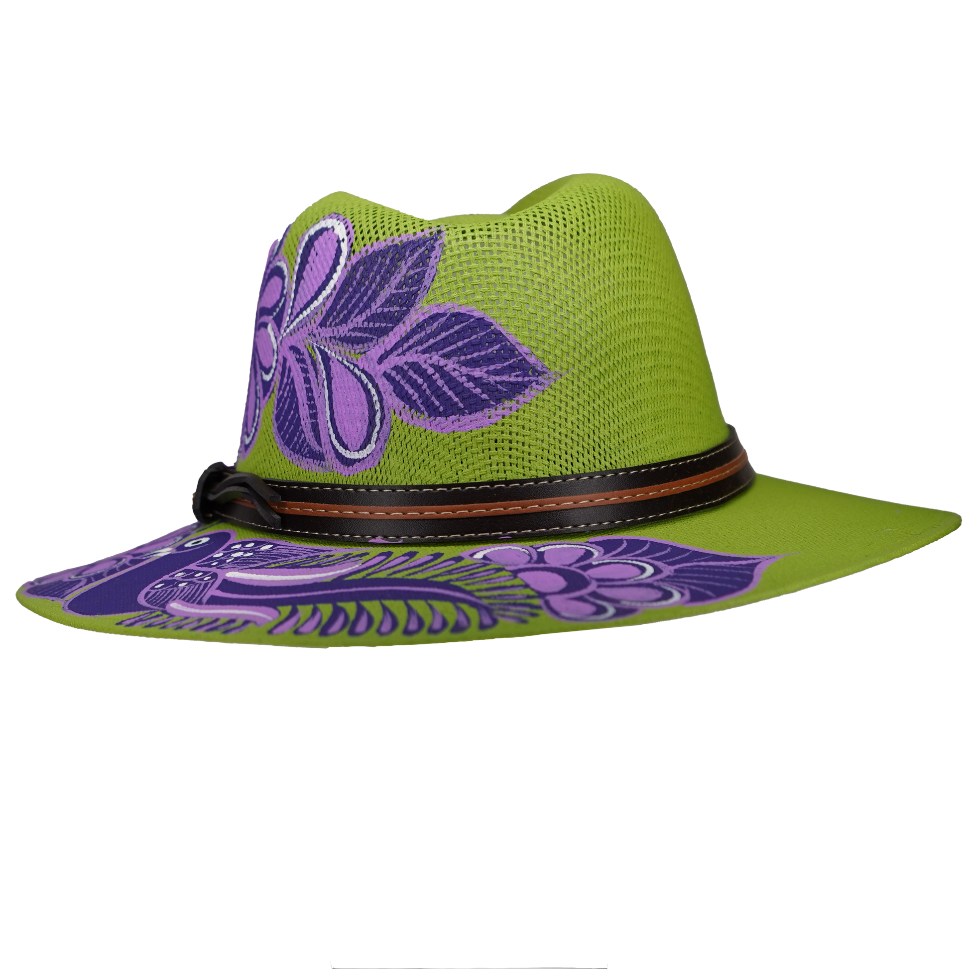 Hand-painted Lime Green Fedora with Purple Flowers