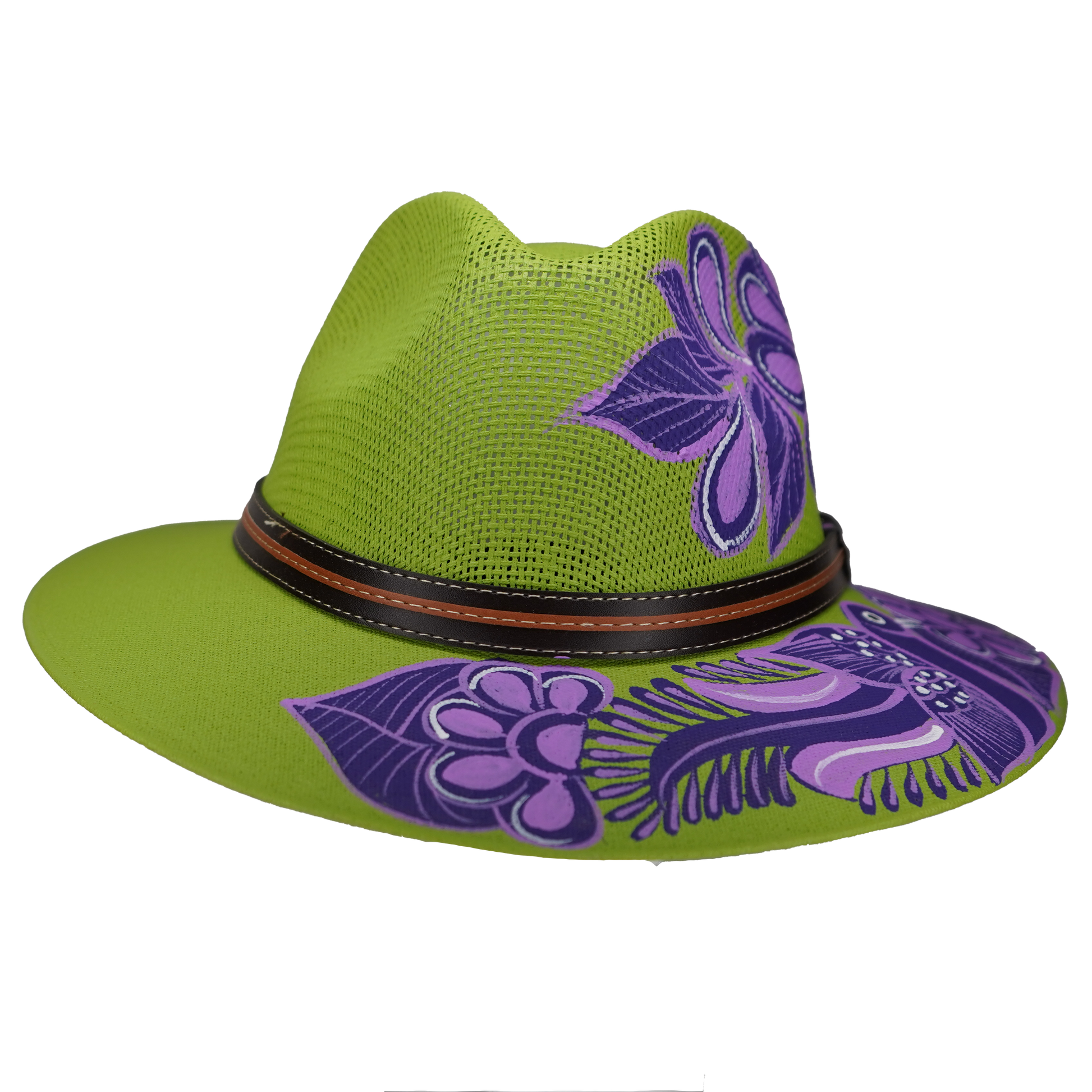 Hand-painted Lime Green Fedora with Purple Flowers