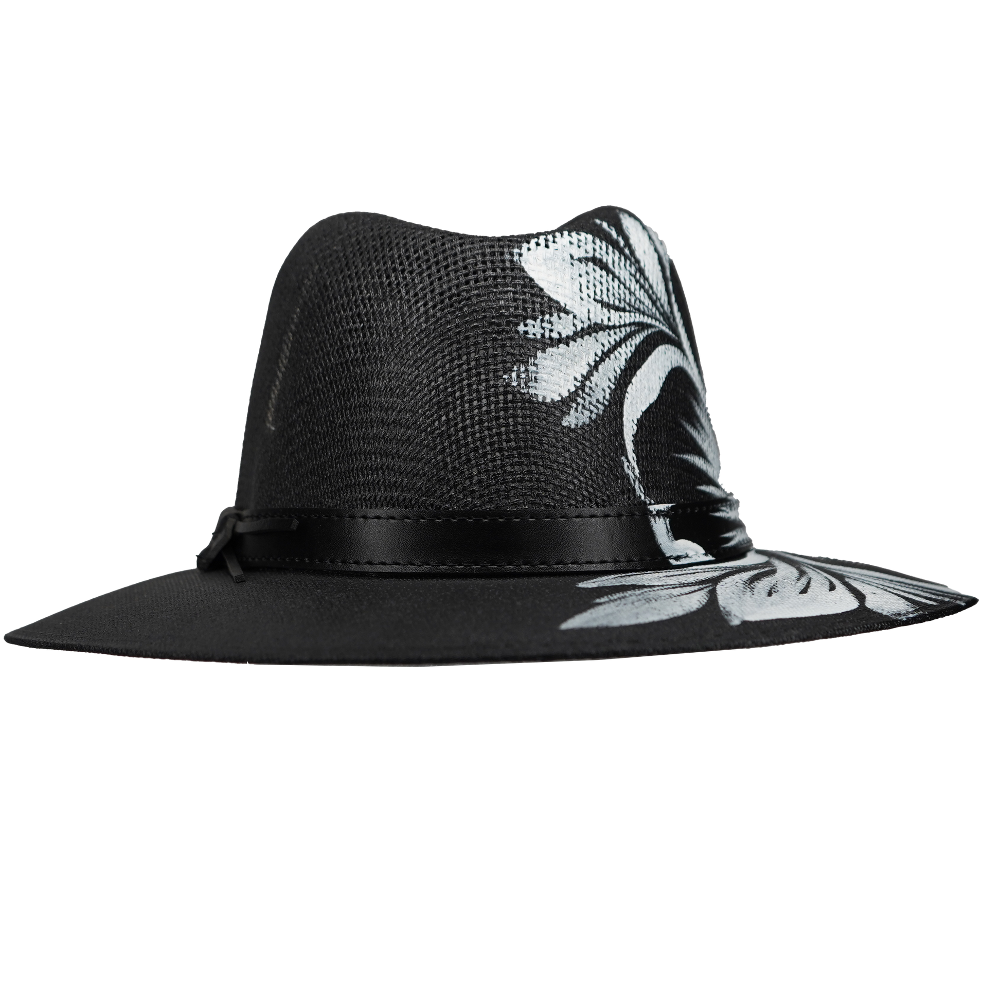 Hand-painted Black Fedora with White Flowers