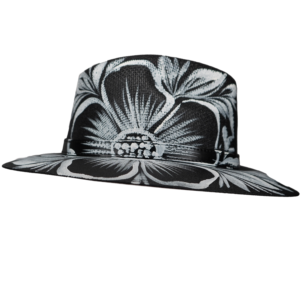 Hand-painted Black Fedora with White Flowers