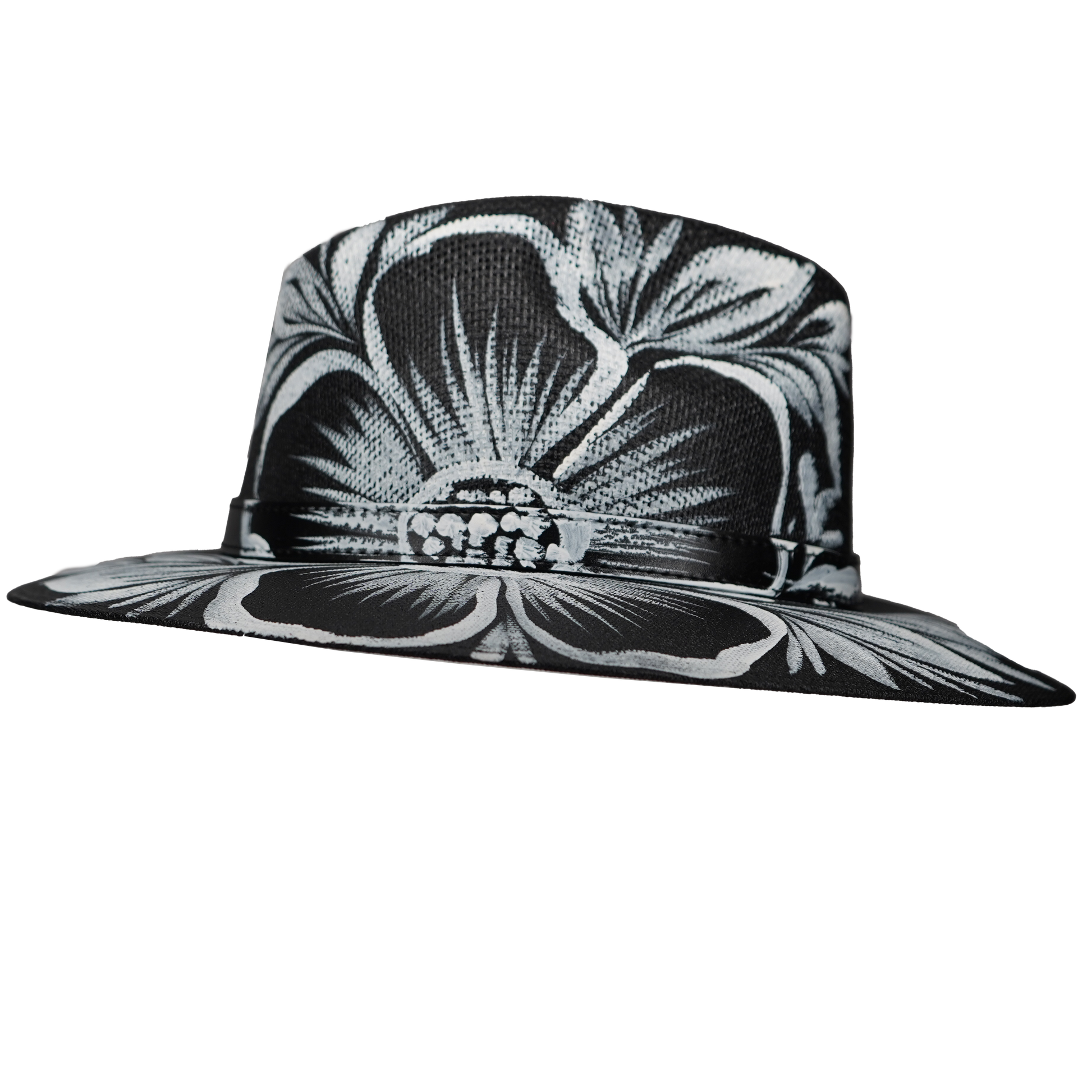 Hand-painted Black Fedora with White Flowers