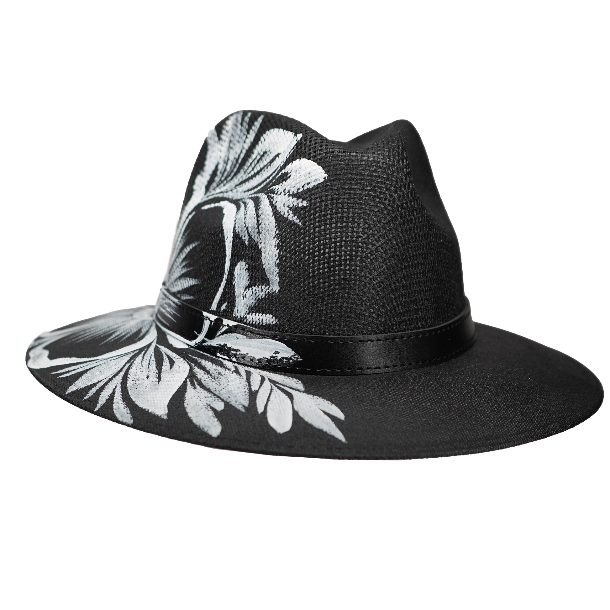 Hand-painted Black Fedora with White Flowers