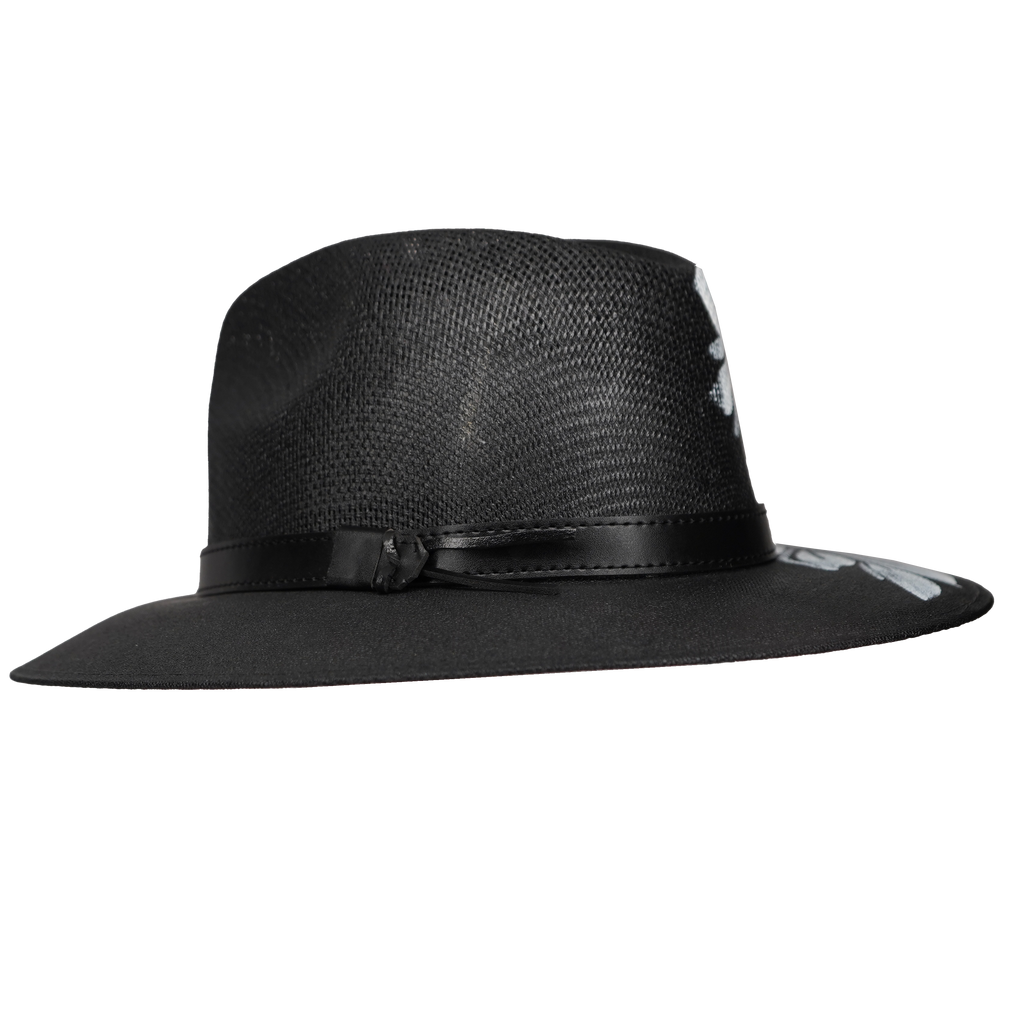 Hand-painted Black Fedora with White Flowers