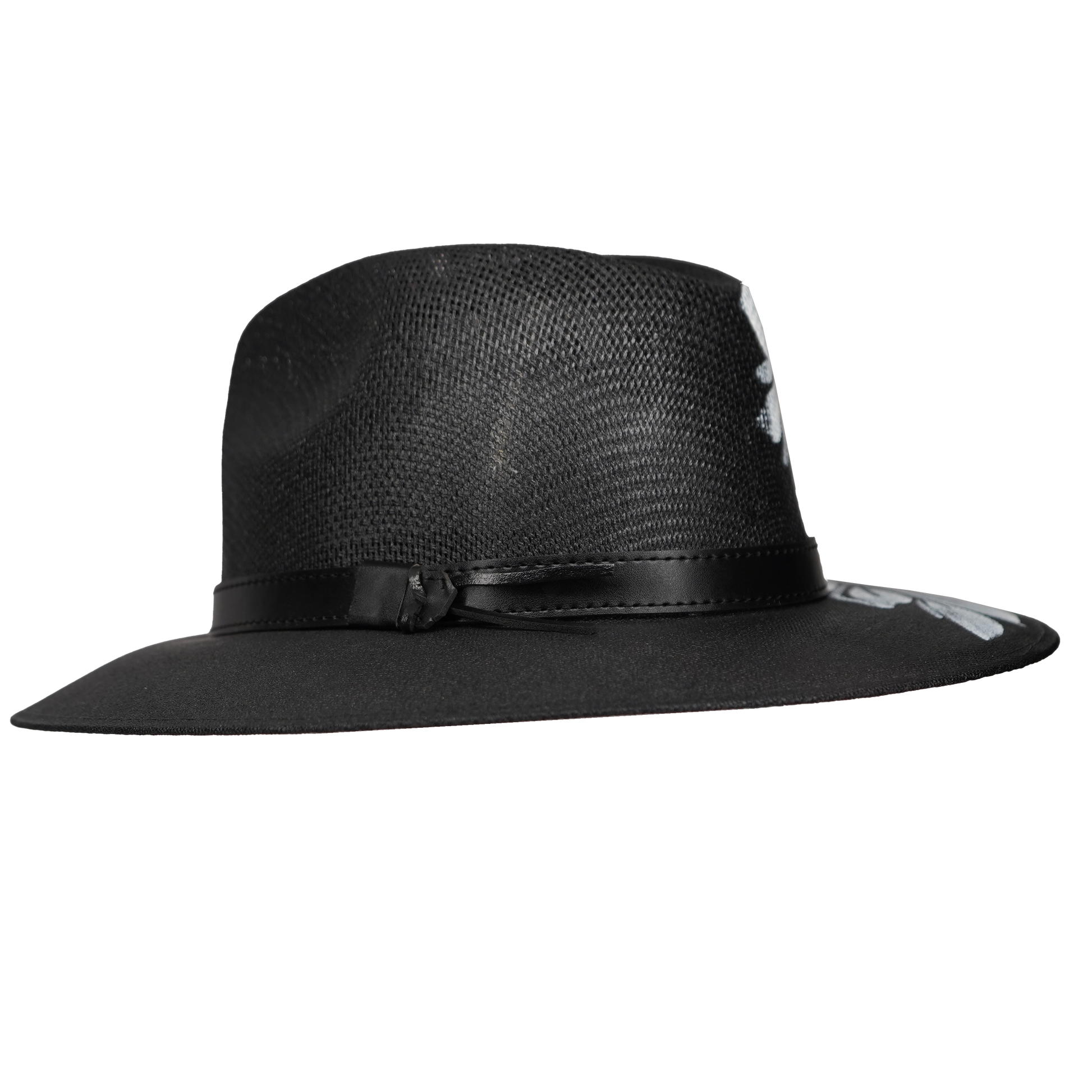 Hand-painted Black Fedora with White Flowers