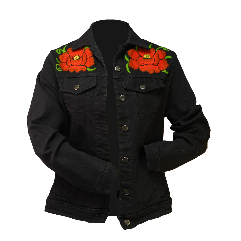 Black Hand Embroidered Jean Jacket - Red Rose