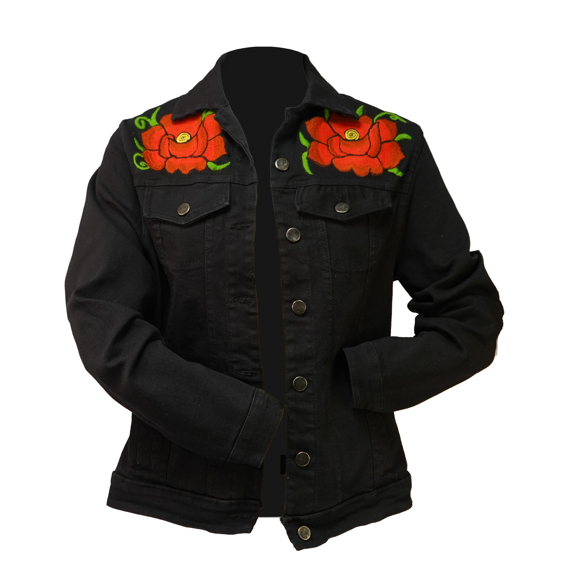 Black Hand Embroidered Jean Jacket - Red Rose