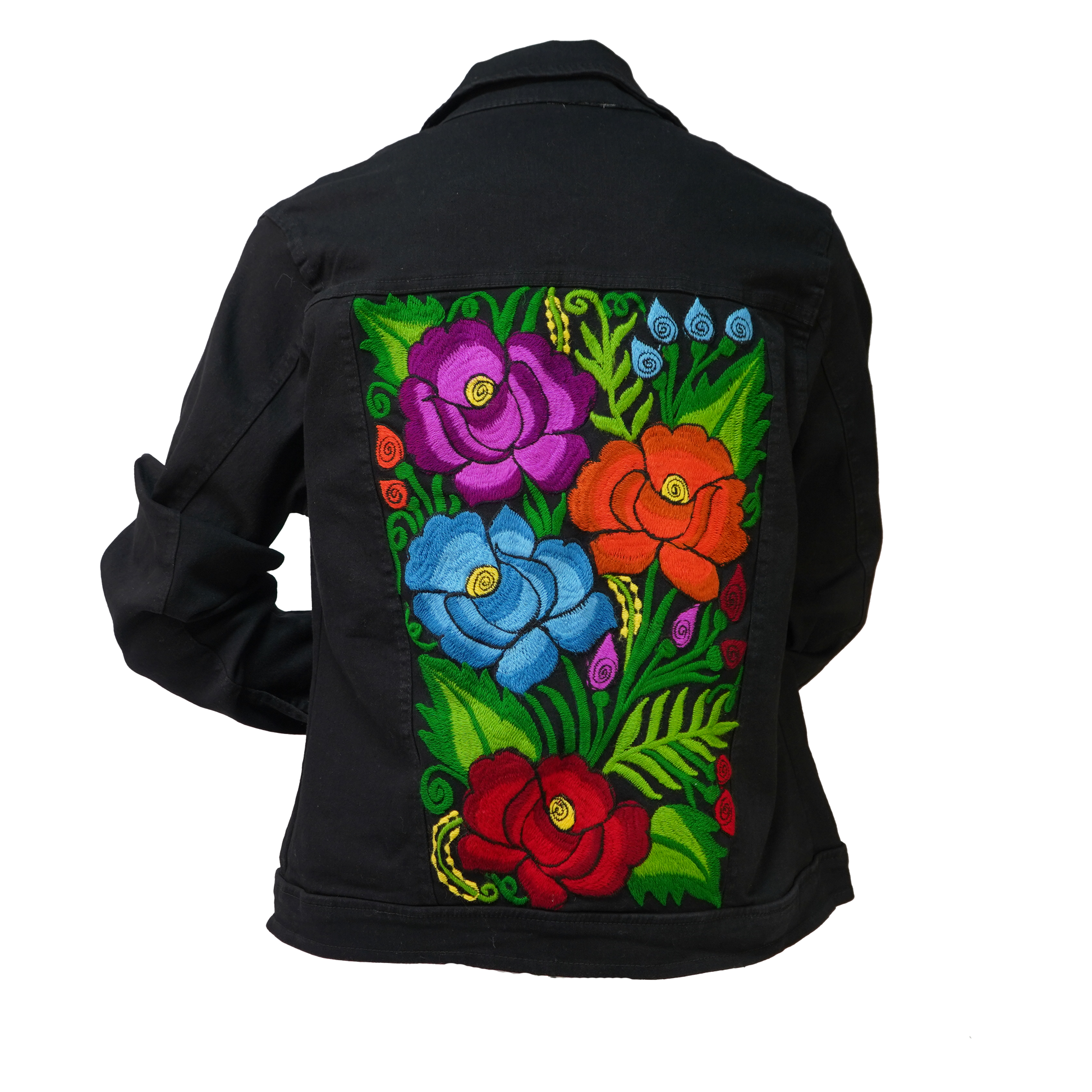 Black Hand Embroidered Jean Jacket - Red Rose