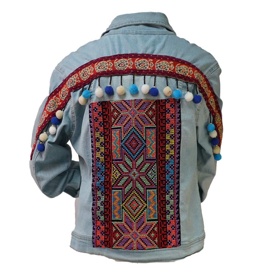Jean Embroidered Jacket with Multi Pom Poms