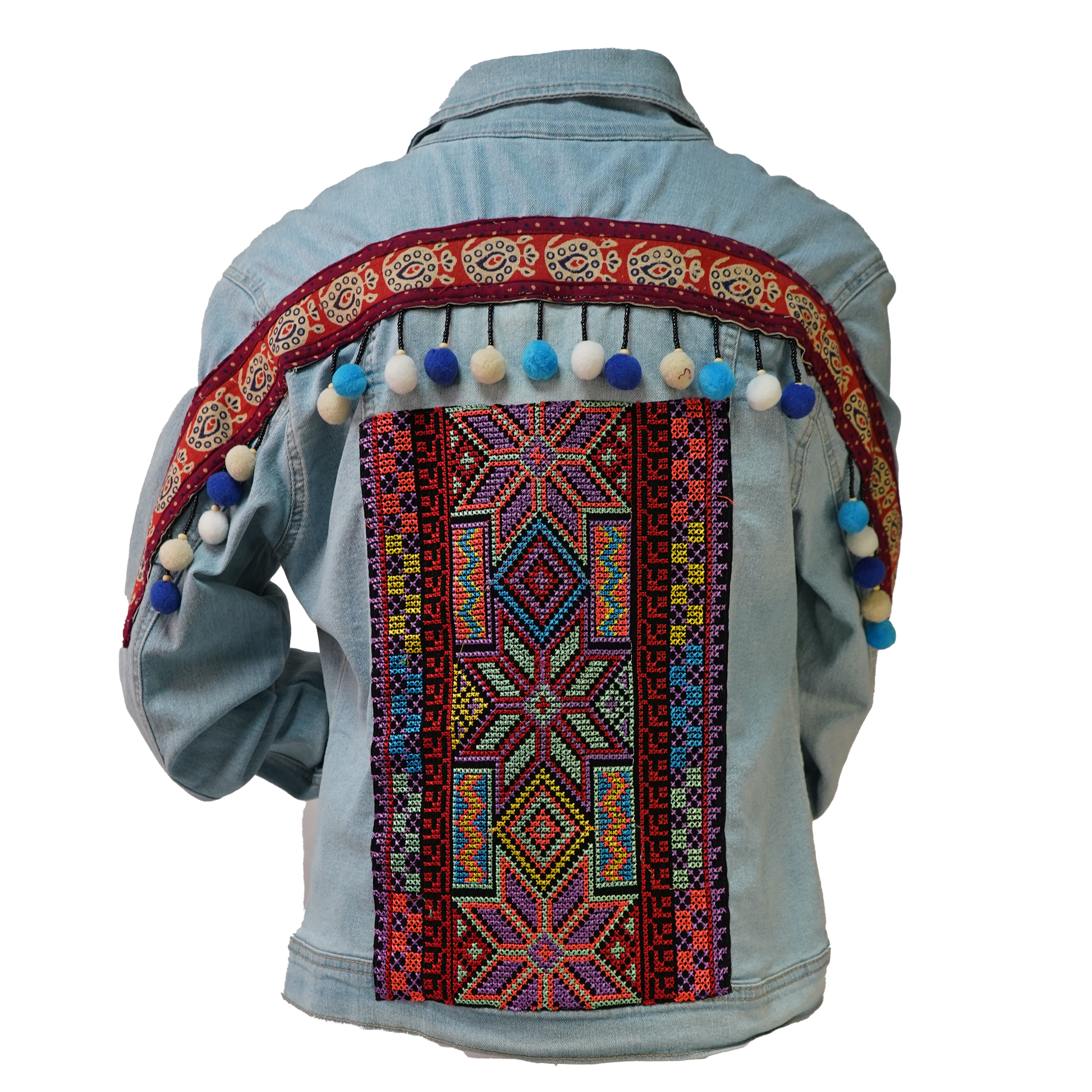Jean Embroidered Jacket with Multi Pom Poms
