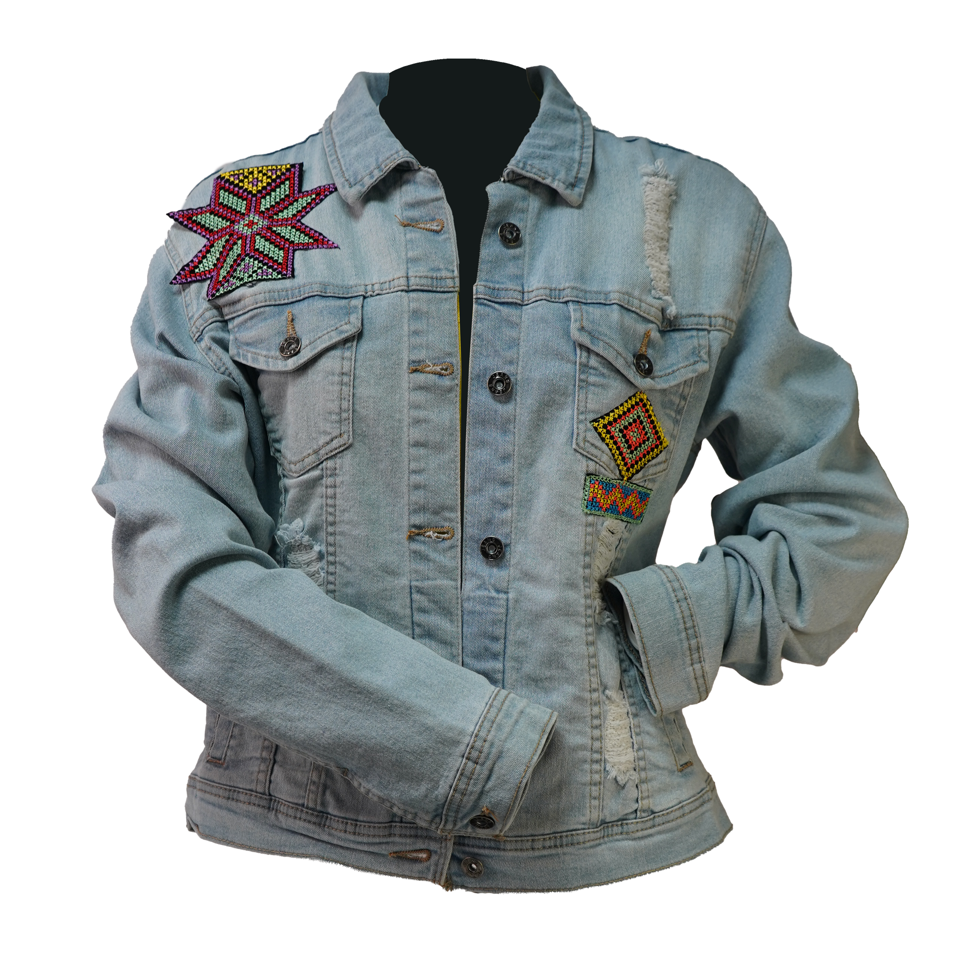 Jean Embroidered Jacket with Multi Pom Poms
