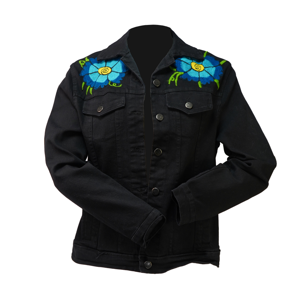 Black Hand Embroidered Jean Jacket - Blue Flower