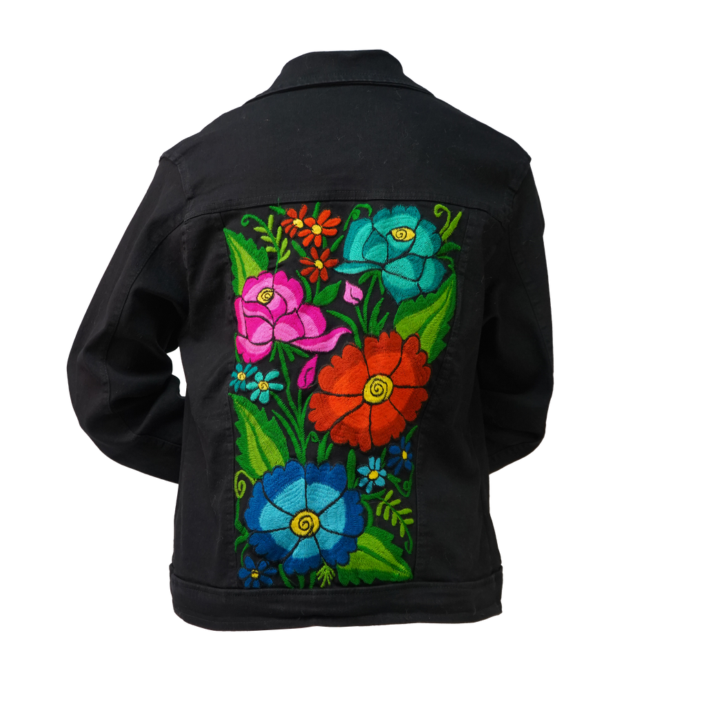 Black Hand Embroidered Jean Jacket - Blue Flower