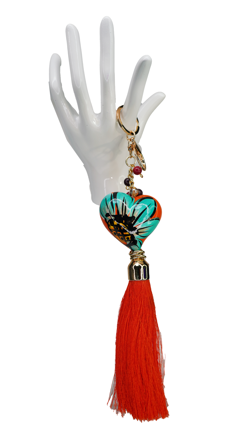 Hand Painted Orange Heart Bag Chain w/ Tassel