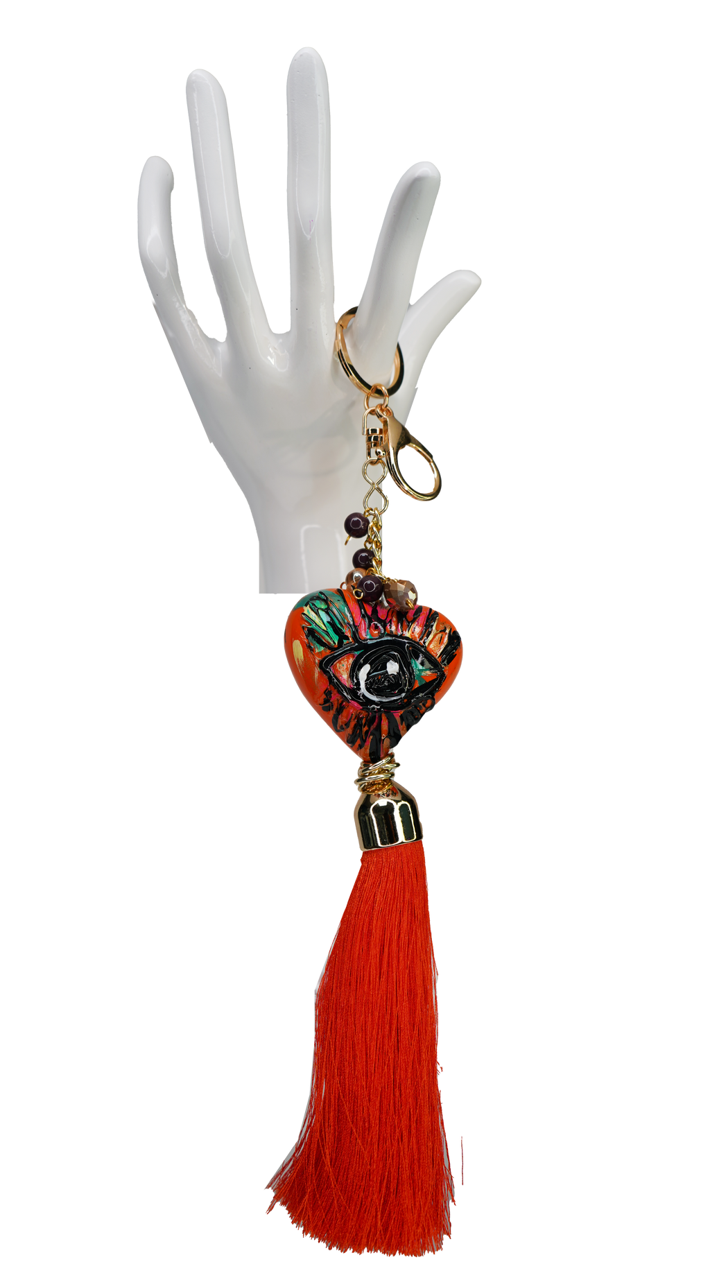 Hand Painted Orange Heart Bag Chain w/ Tassel