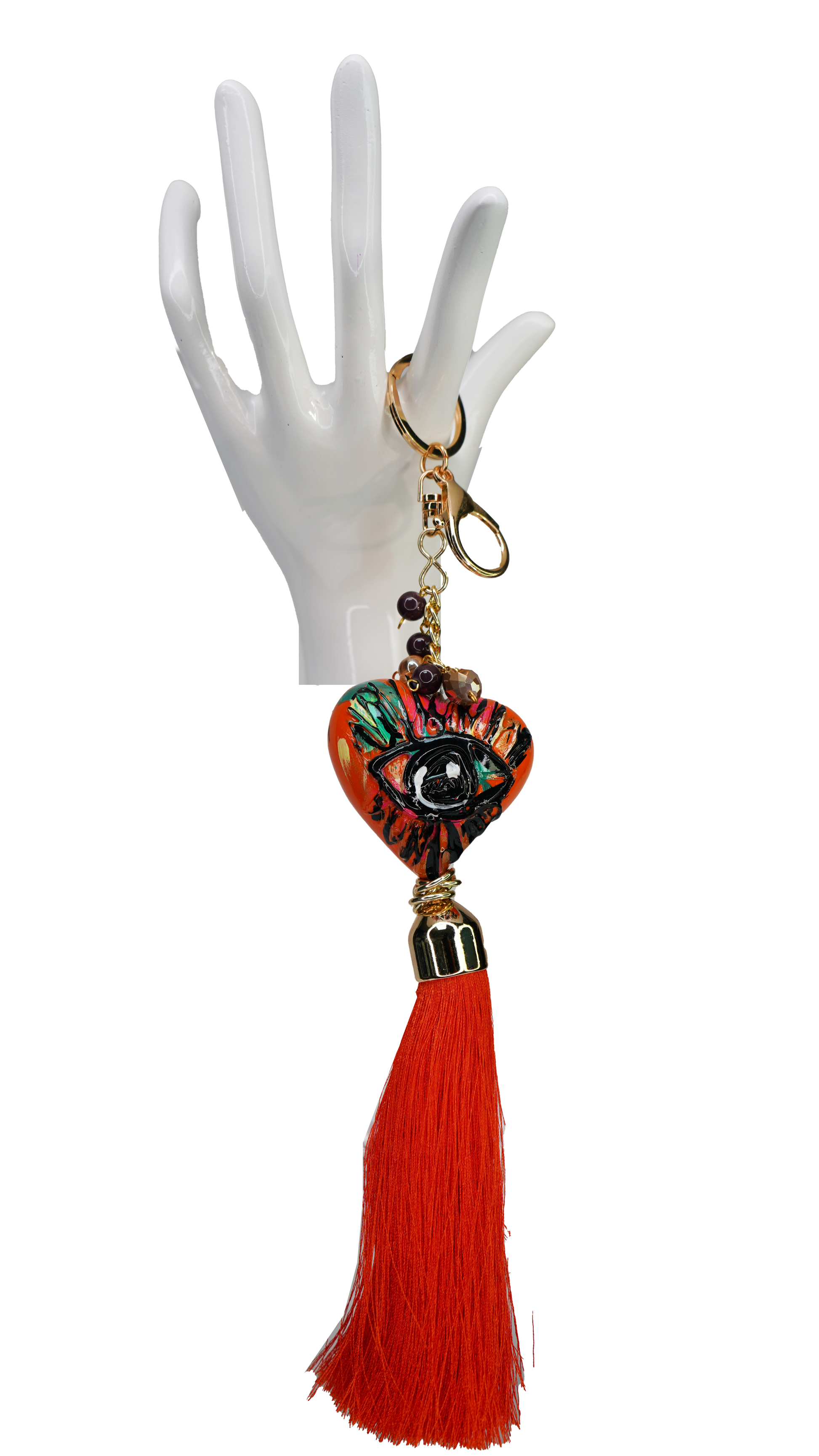 Hand Painted Orange Heart Bag Chain w/ Tassel