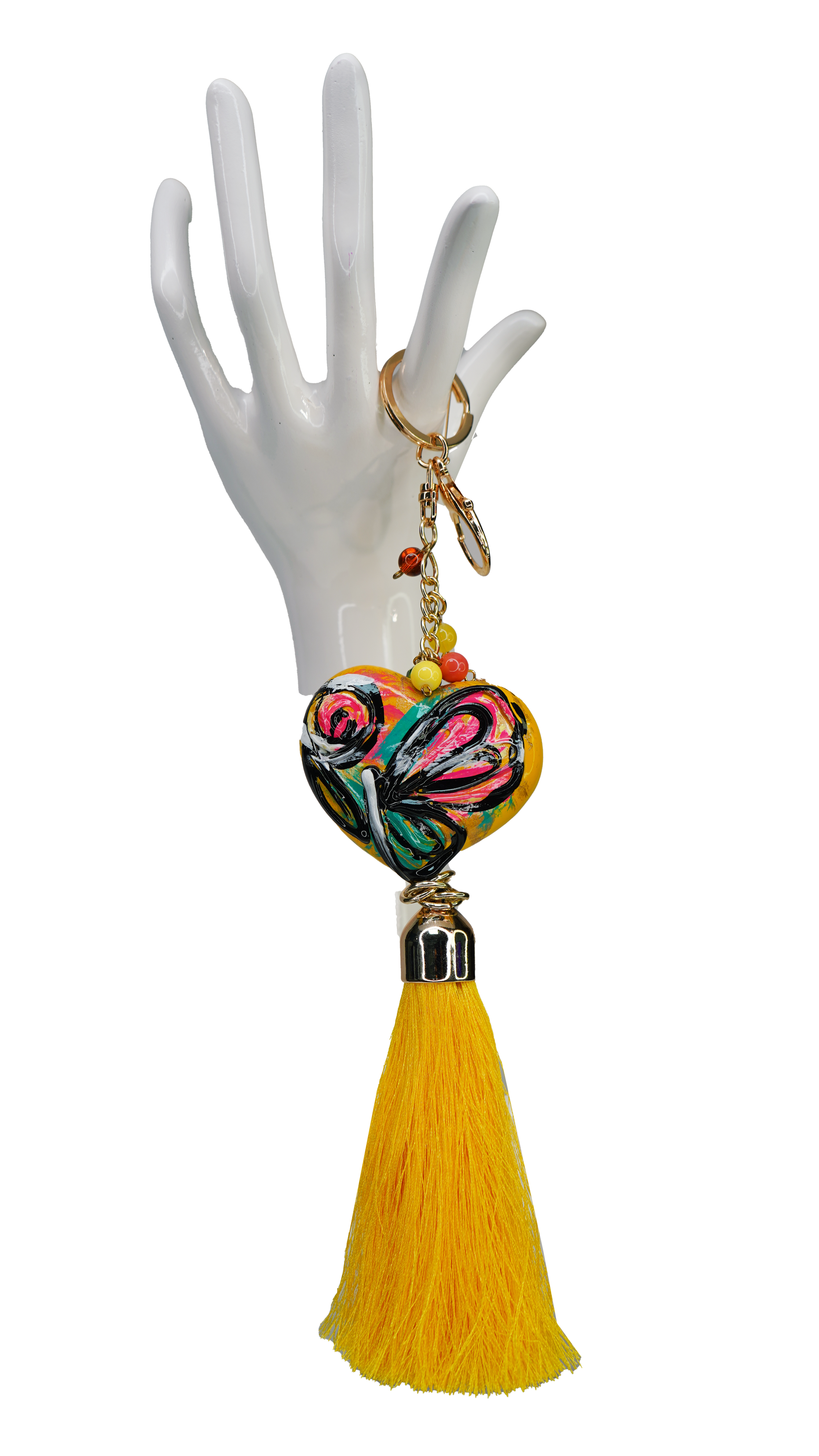Hand Painted Yellow Heart Bag Chain w/ Tassel