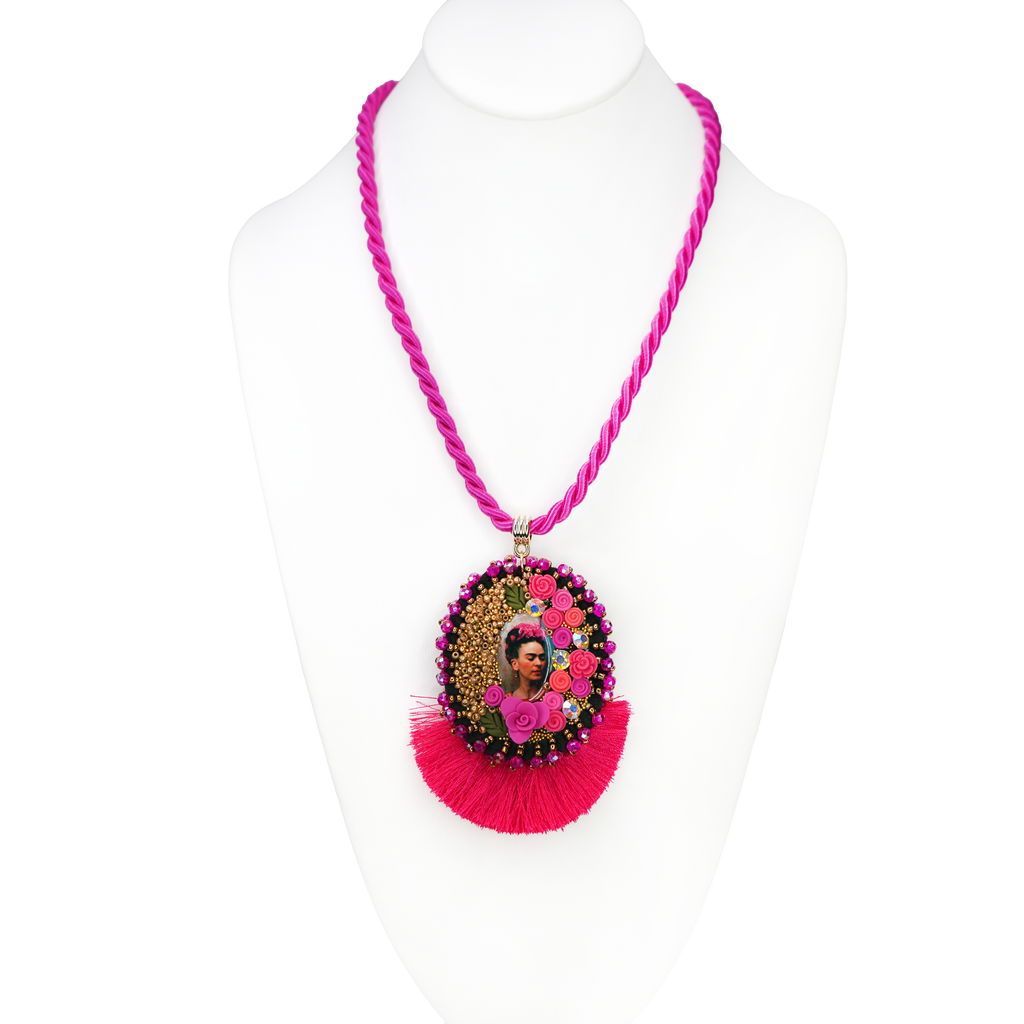 Necklace with a pink pendant on a white background